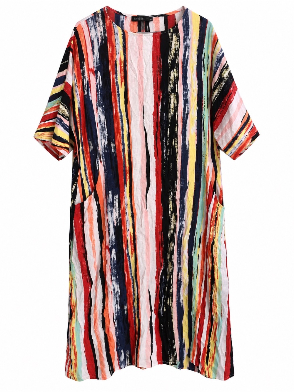 Zanzea Collection XL Multicolor Striped Boho Midi Dress Oversized Pocket Tunic